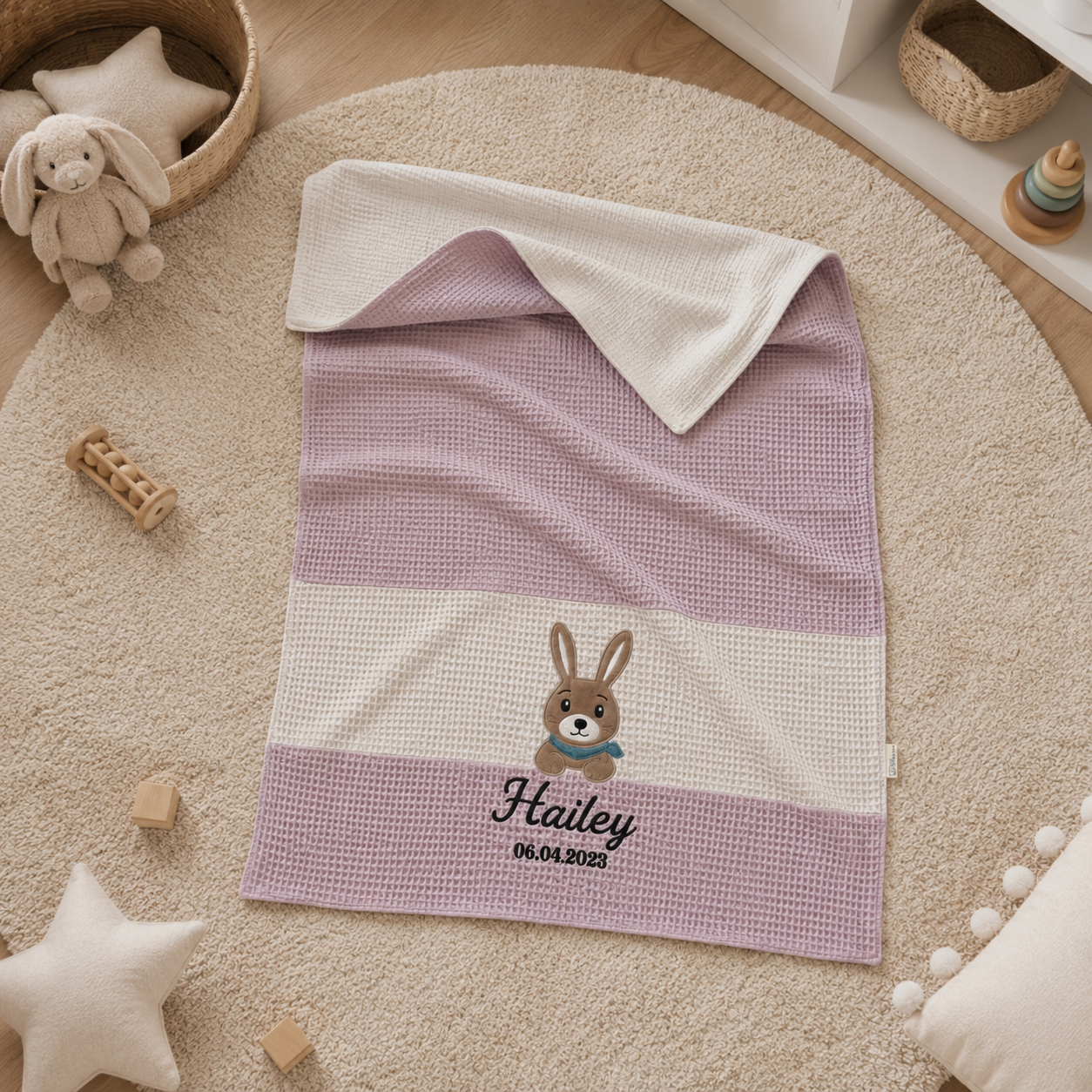 Personalisierte Babydecke aus Waffelpiqué & Musselin