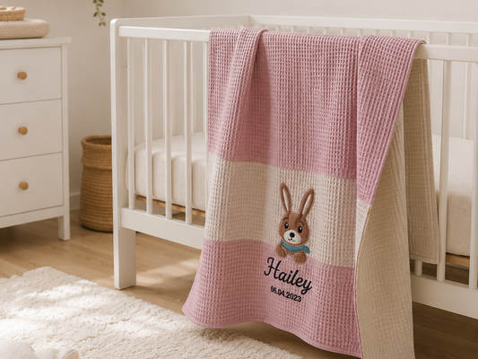 Personalisierte Babydecke aus Waffelpiqué & Musselin
