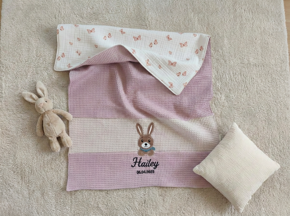 Personalisierte Babydecke aus Waffelpiqué & Musselin